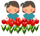 双子の女の子2人とチューリップ