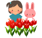 双子の女の子とうさぎとチューリップ