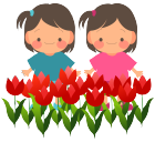 双子の女の子2人とチューリップ