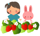 双子の女の子とうさぎといちご