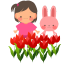 双子の女の子とうさぎとチューリップ