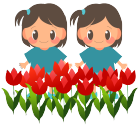 双子の女の子2人とチューリップ