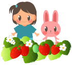 双子の女の子とうさぎといちご