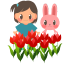 双子の女の子とうさぎとチューリップ