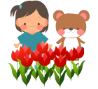 双子の女の子とくまとチューリップ