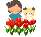 双子の女の子といぬとチューリップ