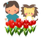 双子の女の子とらいおんとチューリップ