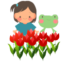 双子の女の子とかえるとチューリップ